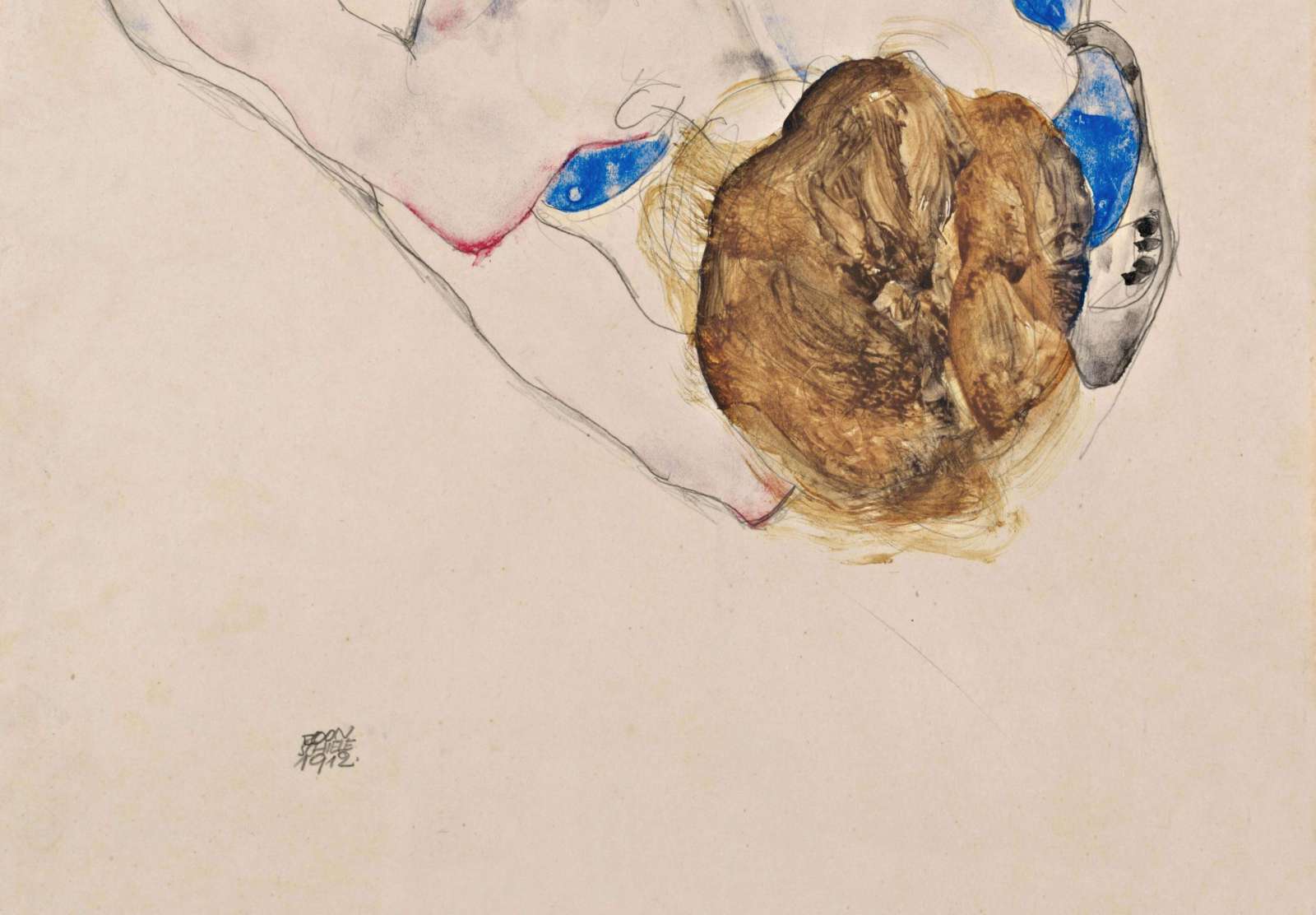 Reprodukcija „Pasilenkusi nuoga moteris mėlynomis kojinėmis“, Egon Schiele