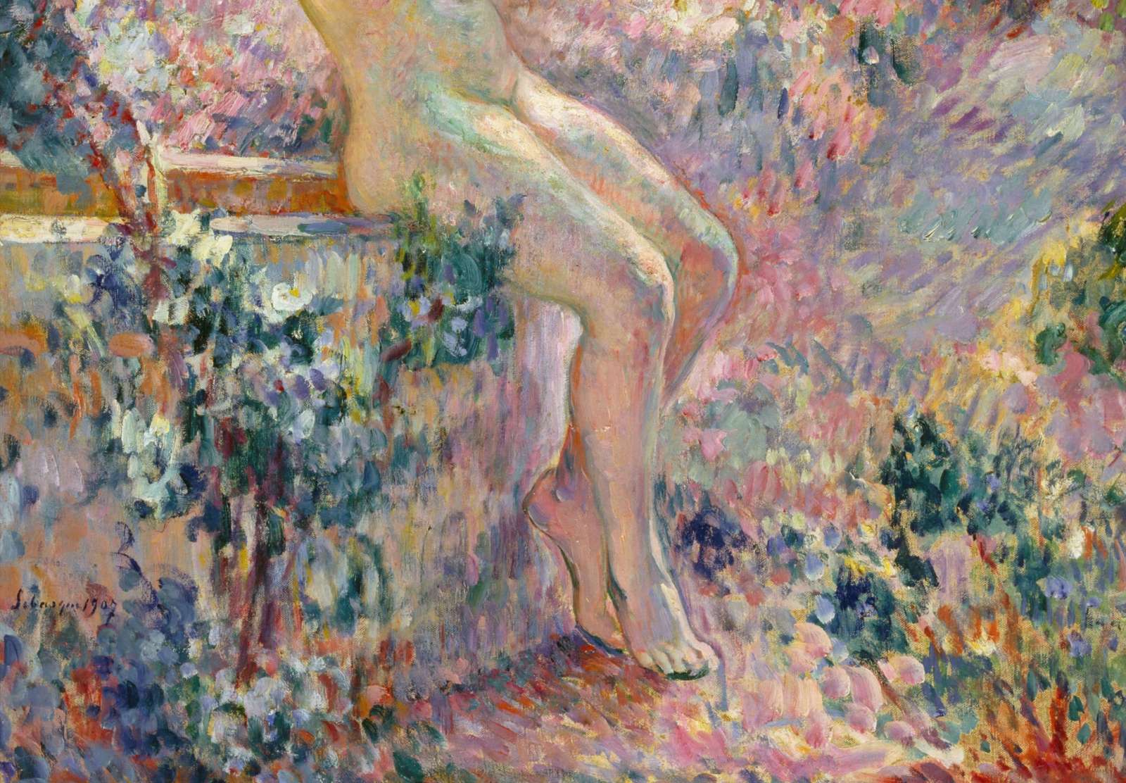 Reprodukcija „Jauna nuoga mergina sėdinti ant šulinio krašto“, Henri Lebasque (1907)