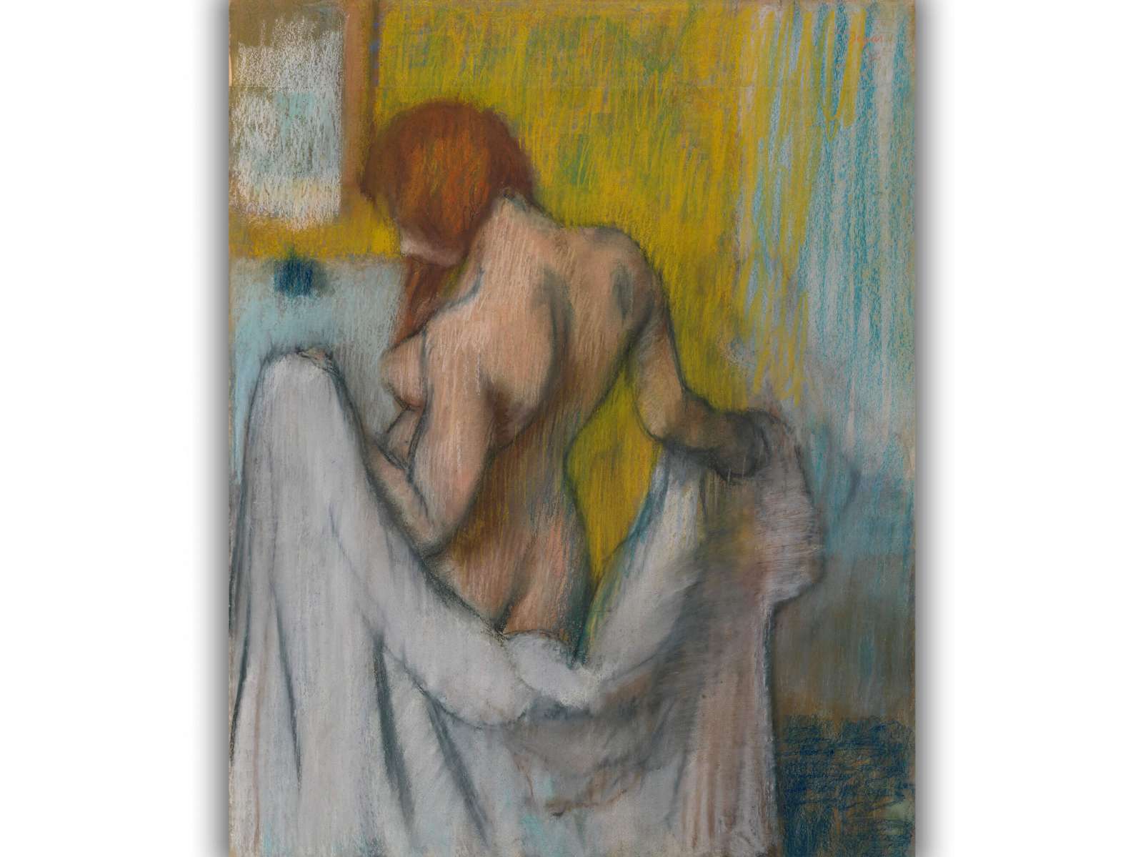 Reprodukcija „Moteris su rankšluosčiu“, Edgar Degas (1894)