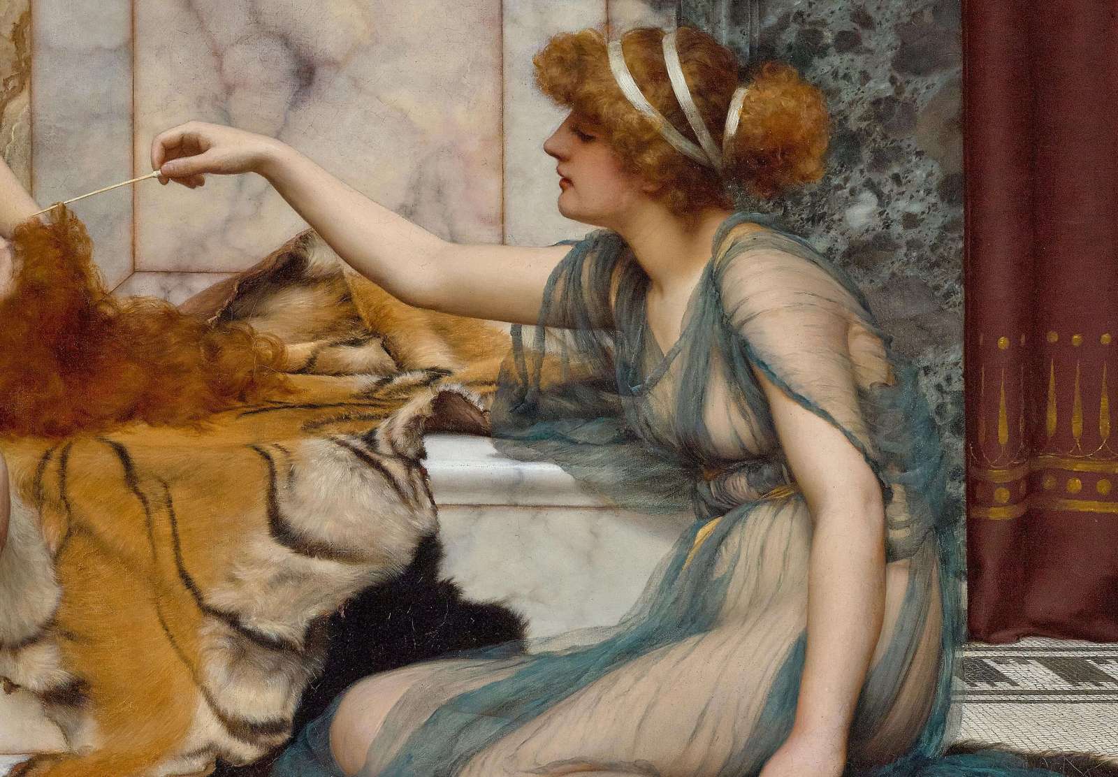 Reprodukcija „Išdaigos ir poilsis“, John William Godward (1895)