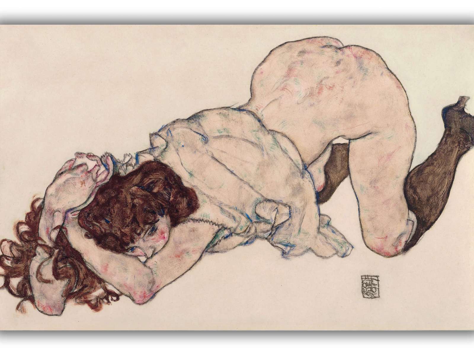 Reprodukcija „Klūpanti mergina, pasirėmusi ant alkūnių“, Egon Schiele (1917)