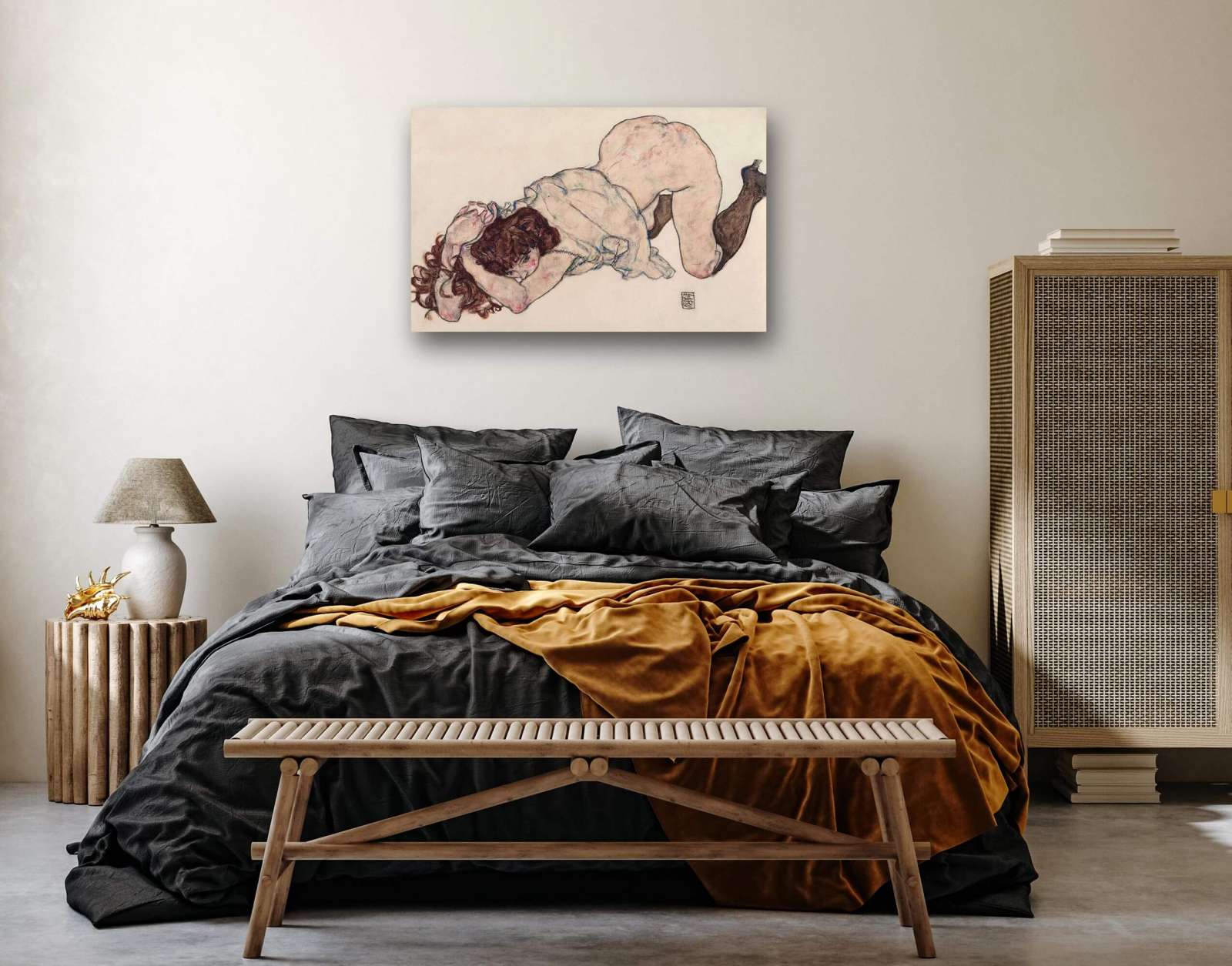 Reprodukcija „Klūpanti mergina, pasirėmusi ant alkūnių“, Egon Schiele (1917)
