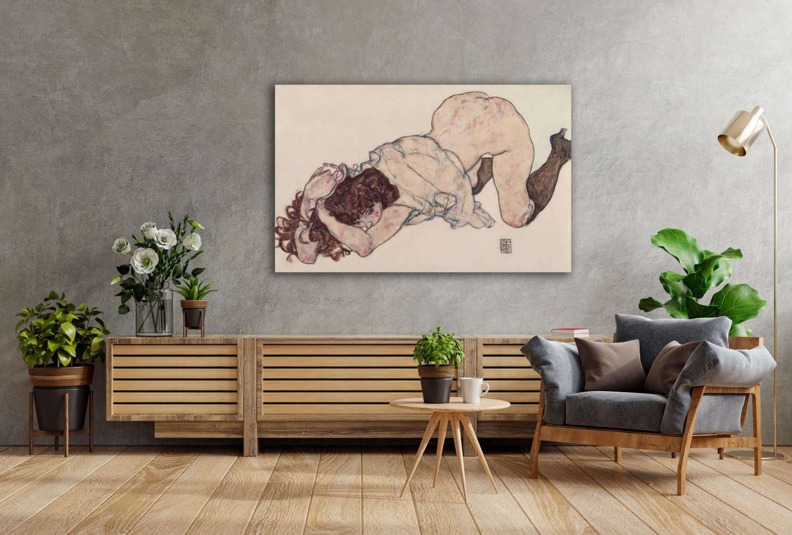 Reprodukcija „Klūpanti mergina, pasirėmusi ant alkūnių“, Egon Schiele (1917)