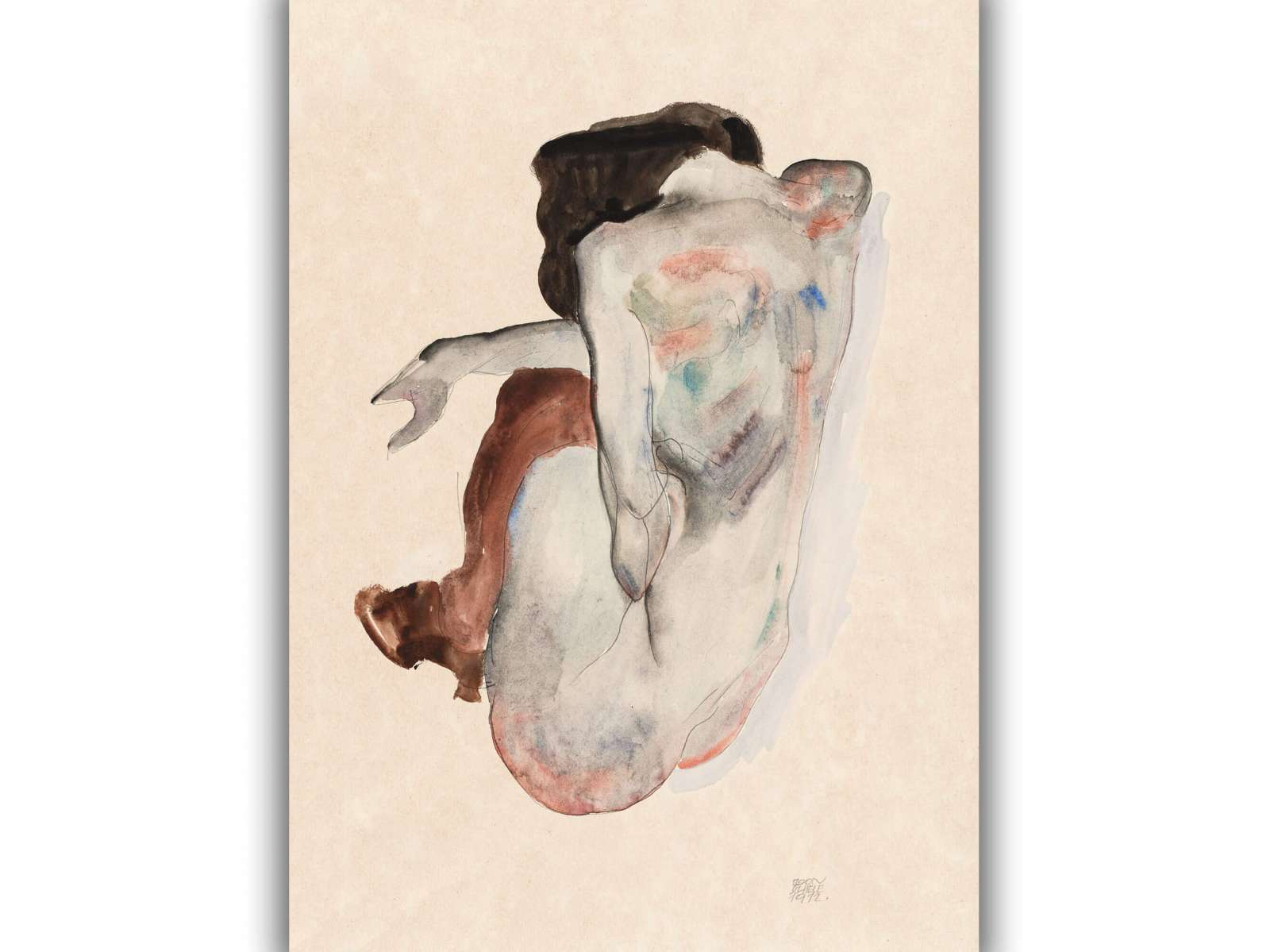 Reprodukcija „Pritūpusi nuoga moteris su bateliais ir juodomis kojinėmis“, Egon Schiele (1912)