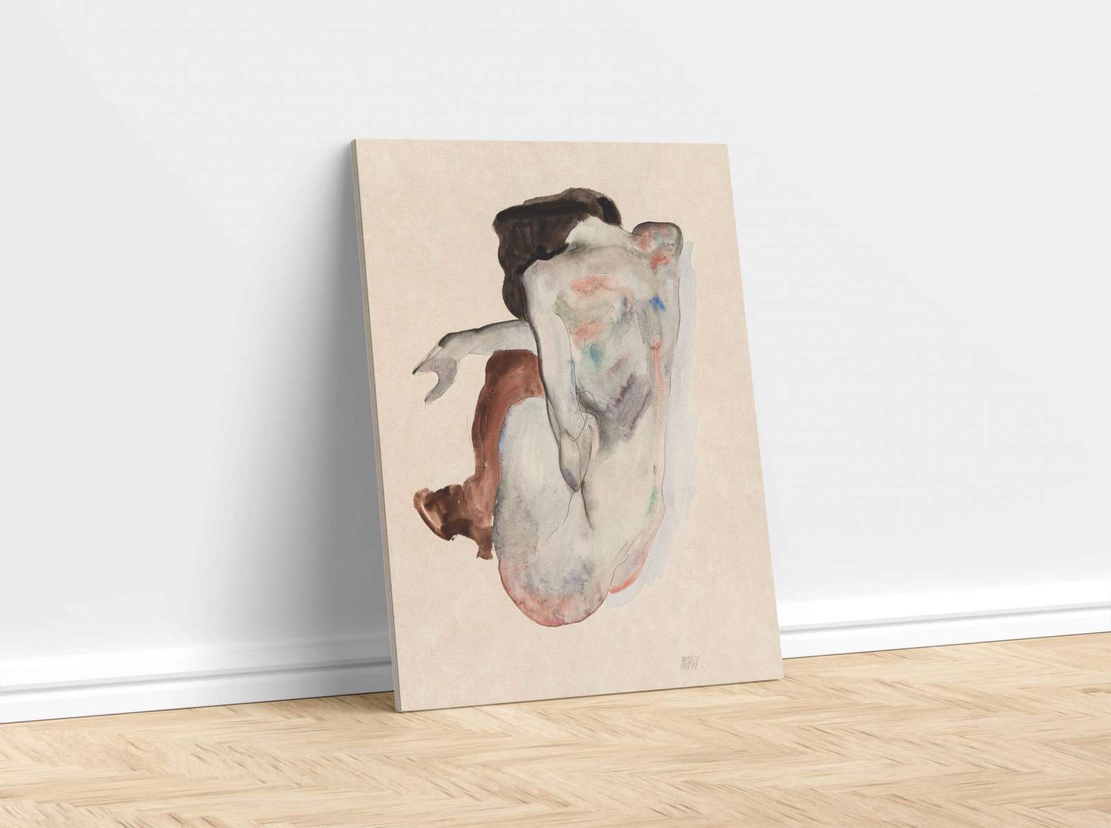 Reprodukcija „Pritūpusi nuoga moteris su bateliais ir juodomis kojinėmis“, Egon Schiele (1912)