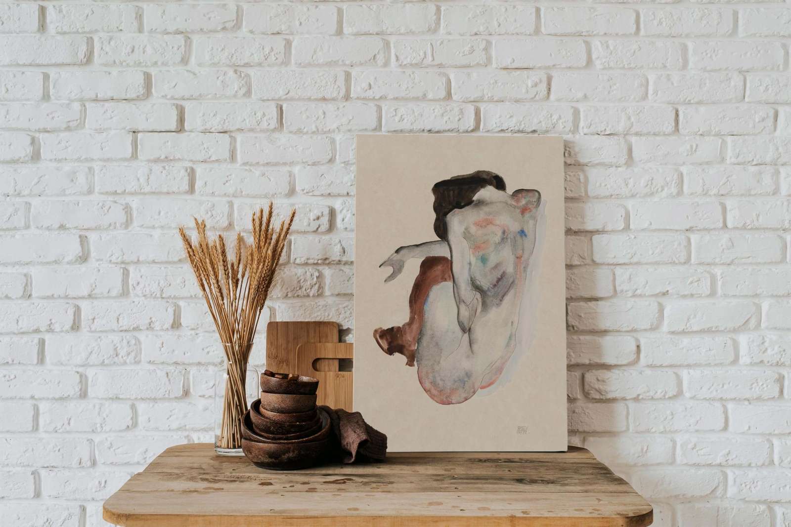 Reprodukcija „Pritūpusi nuoga moteris su bateliais ir juodomis kojinėmis“, Egon Schiele (1912)