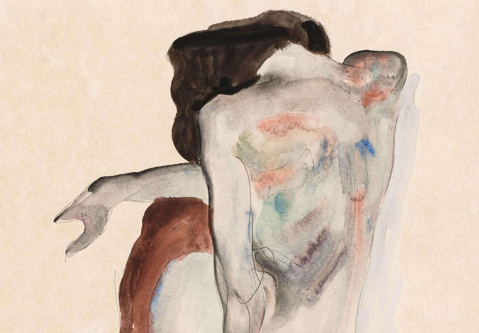 Reprodukcija „Pritūpusi nuoga moteris su bateliais ir juodomis kojinėmis“, Egon Schiele (1912)