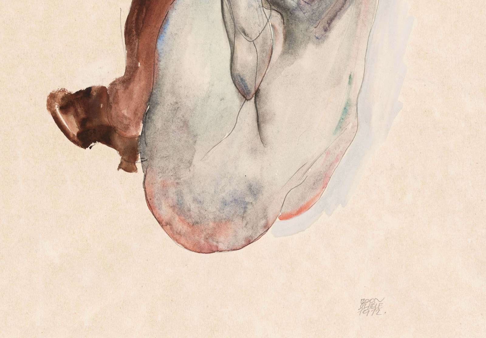 Reprodukcija „Pritūpusi nuoga moteris su bateliais ir juodomis kojinėmis“, Egon Schiele (1912)
