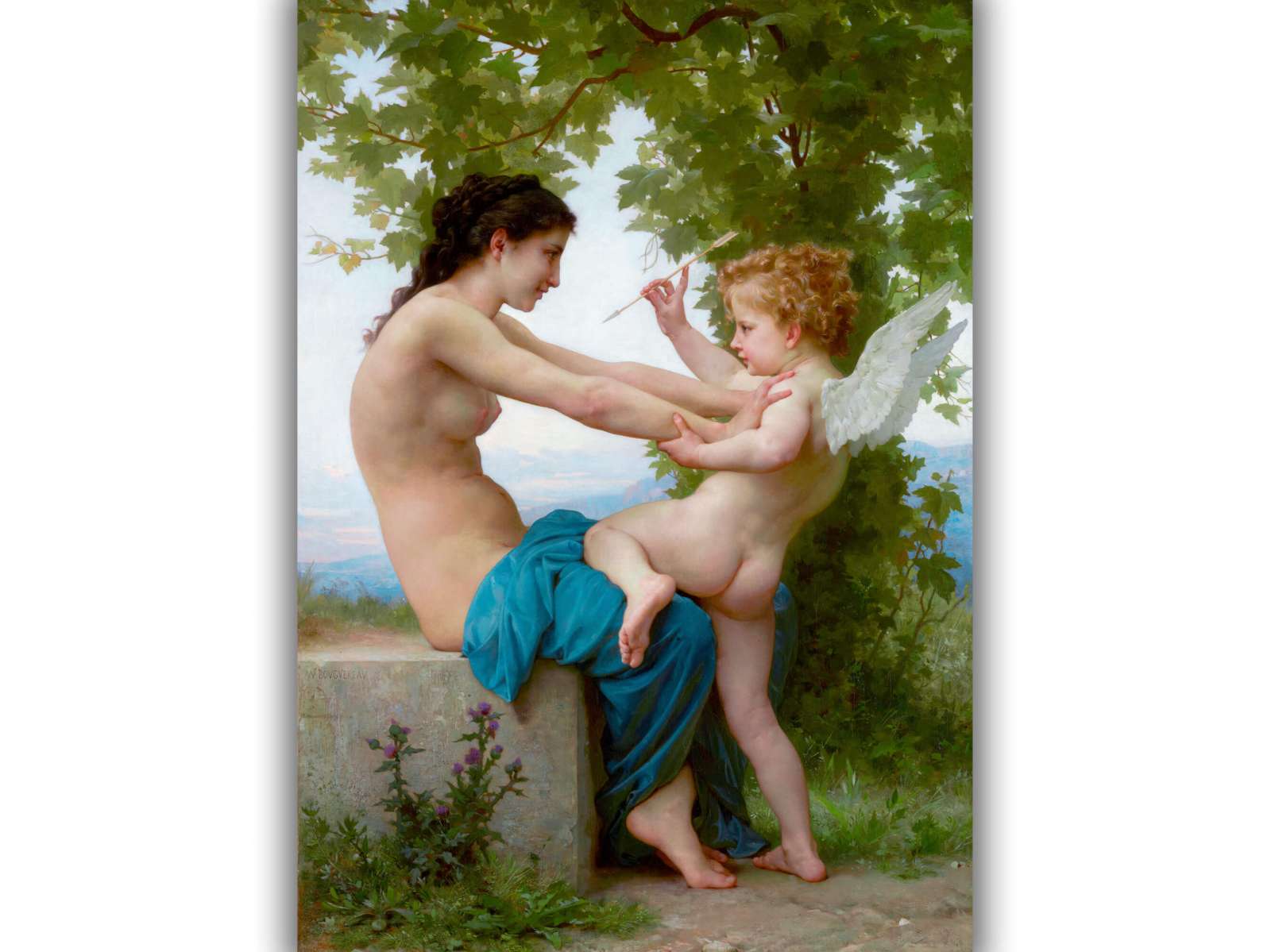 Reprodukcija „Jauna mergina, besiginanti nuo Eroto“, William Bouguereau