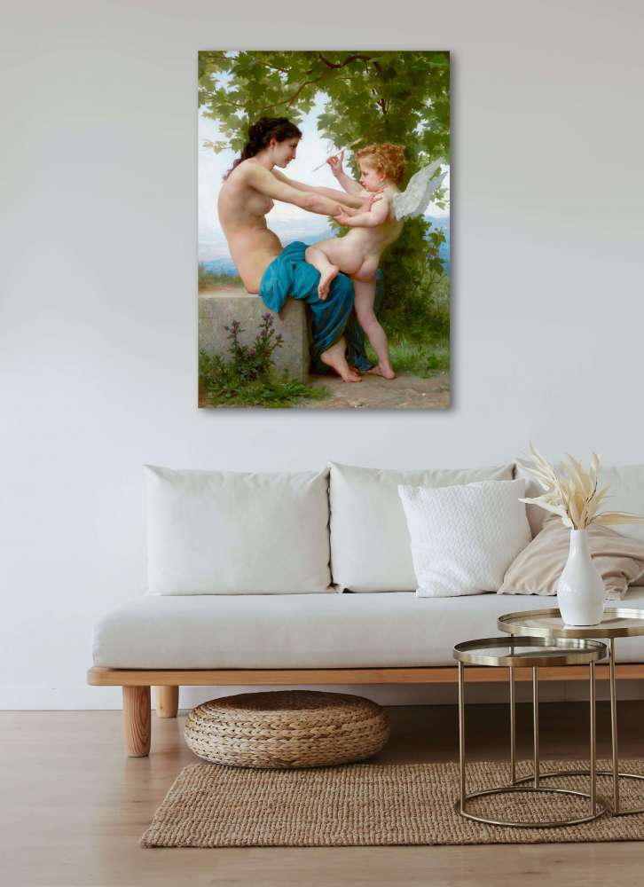 Reprodukcija „Jauna mergina, besiginanti nuo Eroto“, William Bouguereau