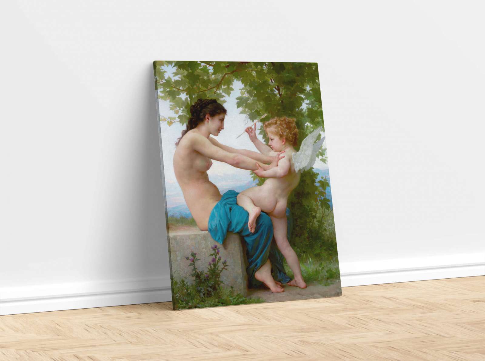 Reprodukcija „Jauna mergina, besiginanti nuo Eroto“, William Bouguereau