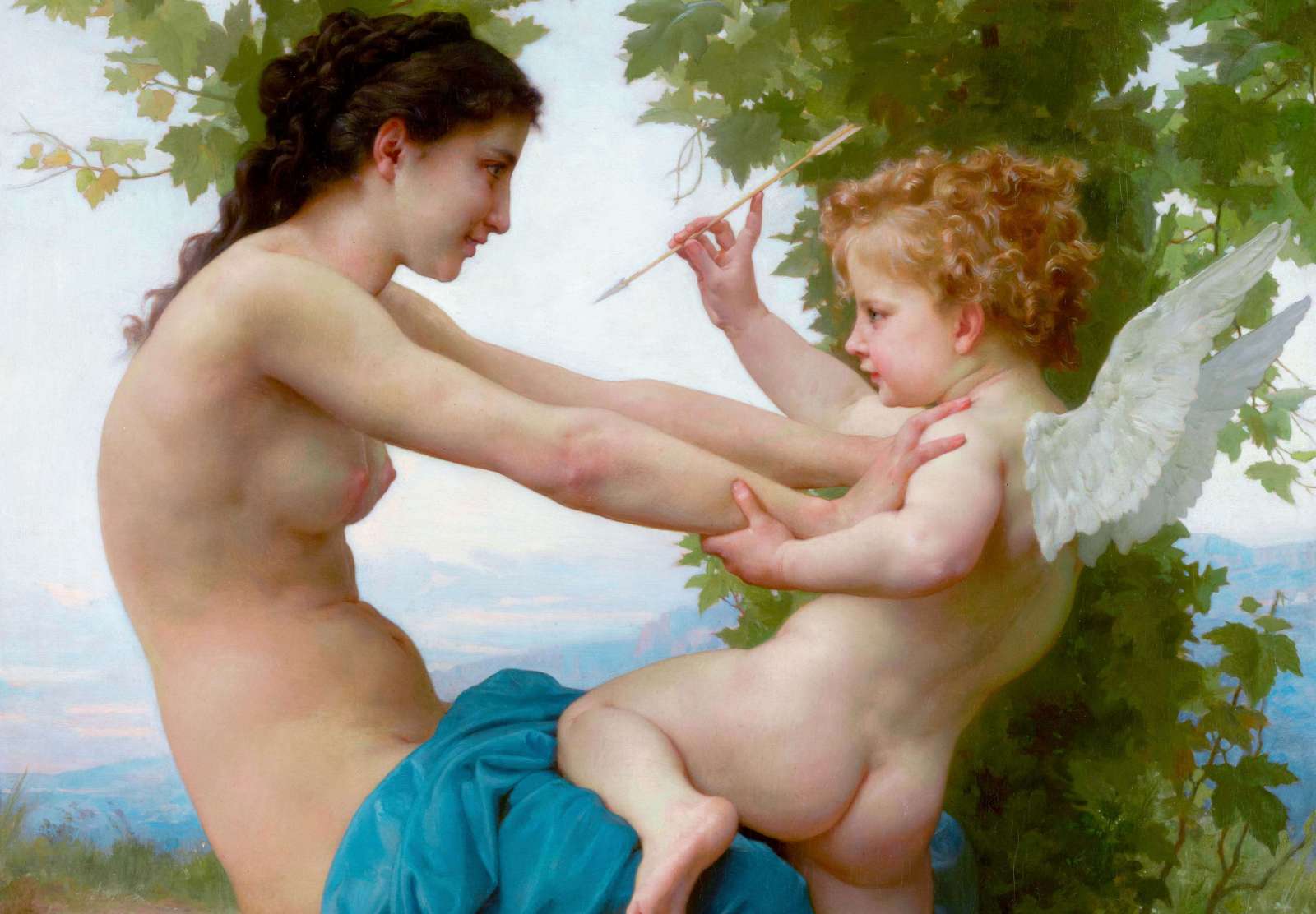 Reprodukcija „Jauna mergina, besiginanti nuo Eroto“, William Bouguereau