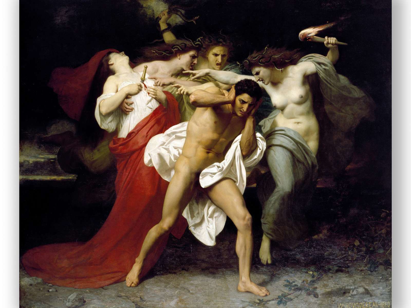 Reprodukcija „Orestas, persekiojamas furijų“, William Adolphe Bouguereau (1862)