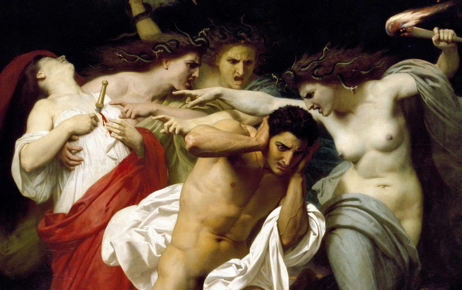 Reprodukcija „Orestas, persekiojamas furijų“, William Adolphe Bouguereau (1862)