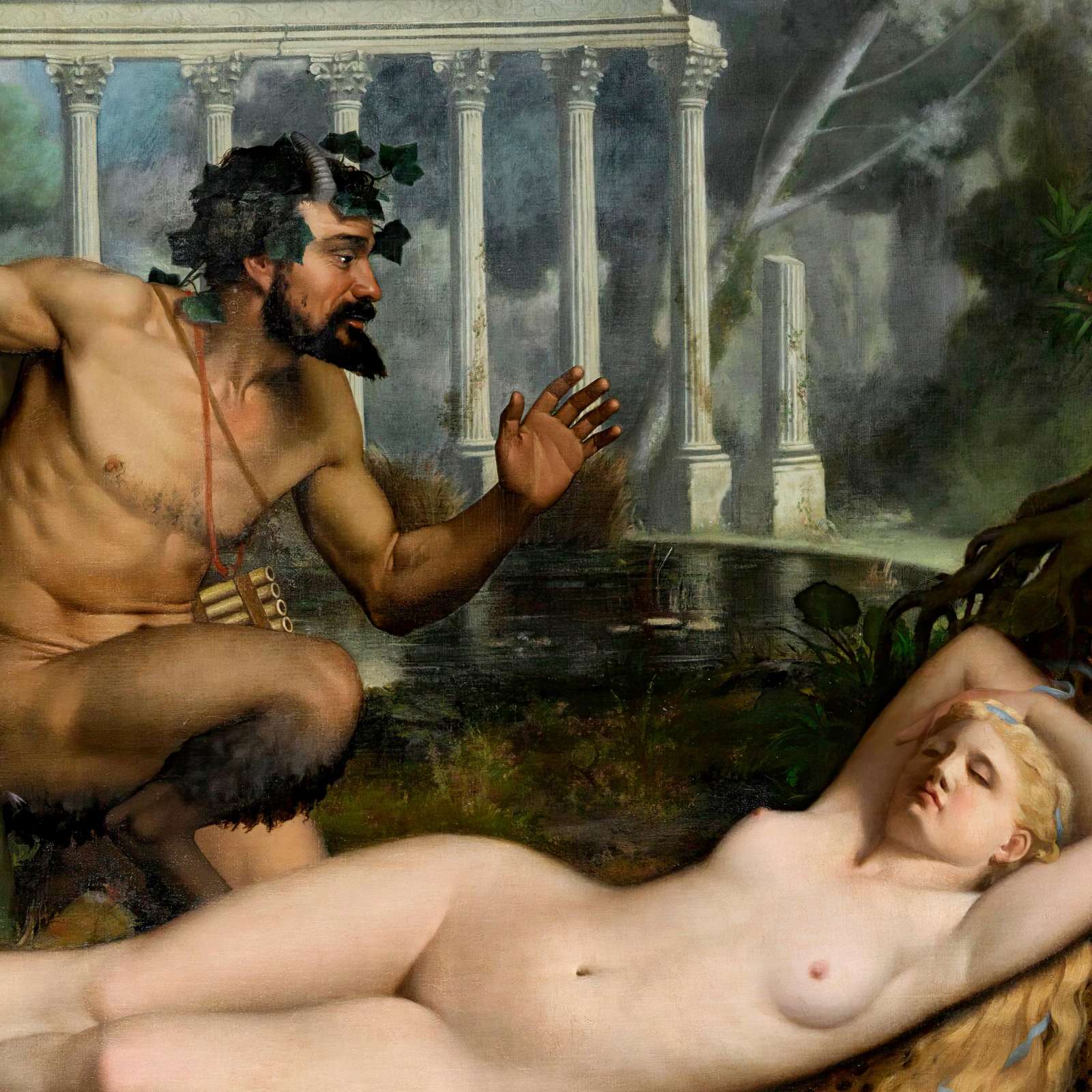 Reprodukcija „Nimfa ir satyras“, Adolphe Alexandre Lesrel (1865)
