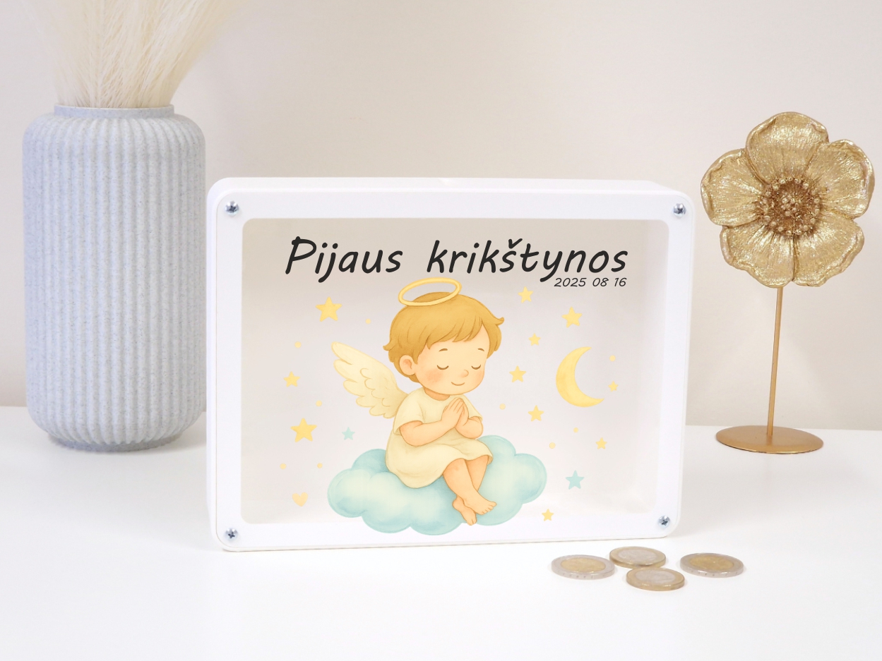Vardinė taupyklė su angeliuku berniukui – dovana krikštynoms