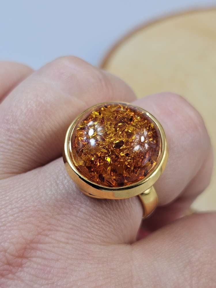 Gintarinis žiedas Amber ring didelis žiedas su gintaru ir auksu