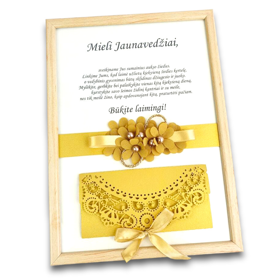 Sveikinimas rėmelyje „Jaunavedžiams“ su vokeliu pinigams vestuvių proga Sveikinimas rėmelyje „Jaunavedžiams“ su vokeliu pinigams vestuvių proga