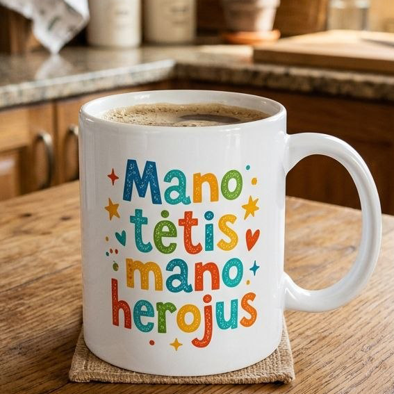 Puodelis tėčiui su spauda „Mano tėtis – mano herojus" Puodelis tėčiui su spauda „Mano tėtis – mano herojus"