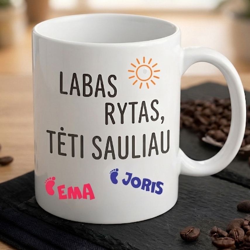 Puodelis su spauda „Labas rytas, tėti" su vaikų vardais Puodelis su spauda „Labas rytas, tėti" su vaikų vardais