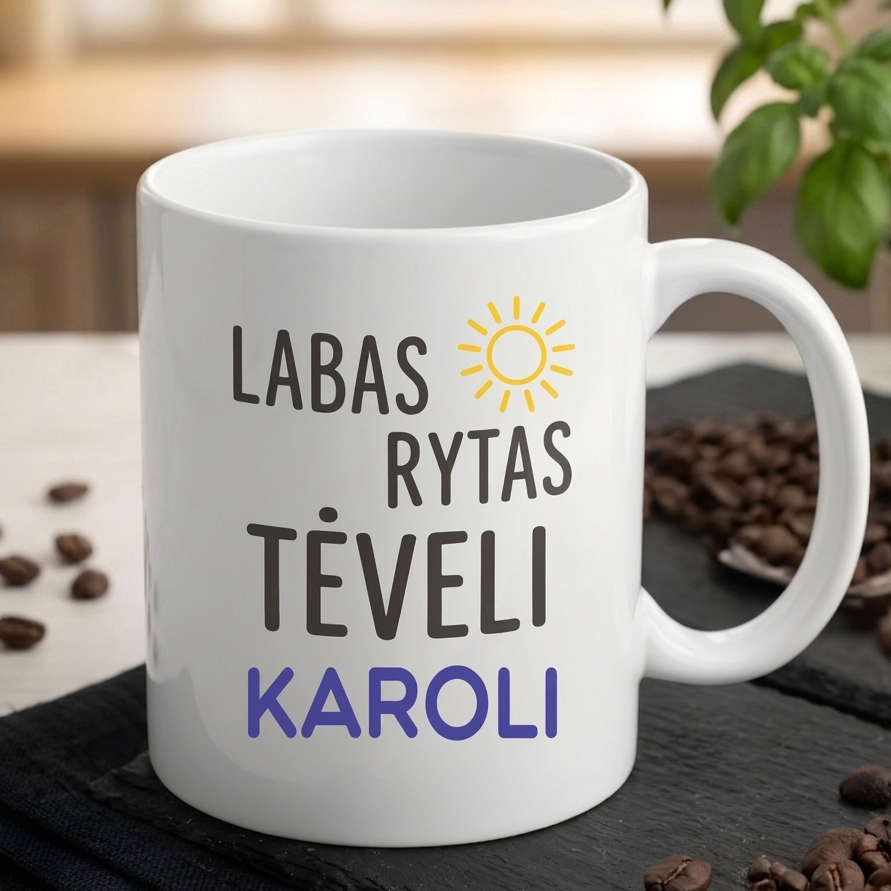 Rinkinys - puodelis ir šaukštelis „Labas rytas, tėveli" su vardu Rinkinys - puodelis ir šaukštelis „Labas rytas, tėveli" su vardu
