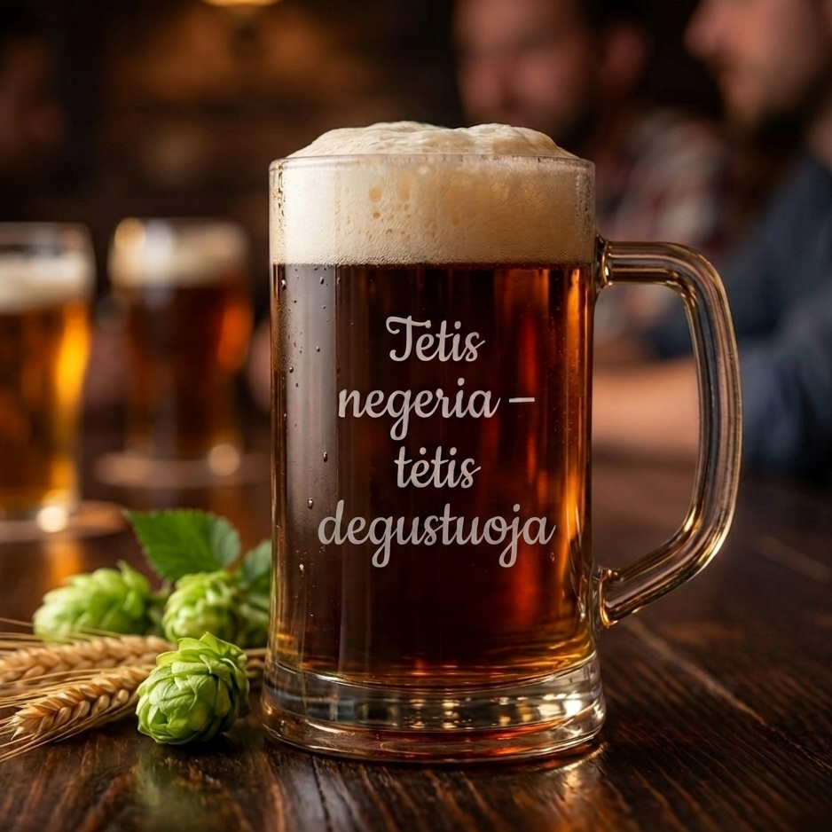 Graviruotas alaus bokalas „Tėtis negeria – tėtis degustuoja" – šmaikšti dovana tėčiui Graviruotas alaus bokalas „Tėtis negeria – tėtis degustuoja" – šmaikšti dovana tėčiui