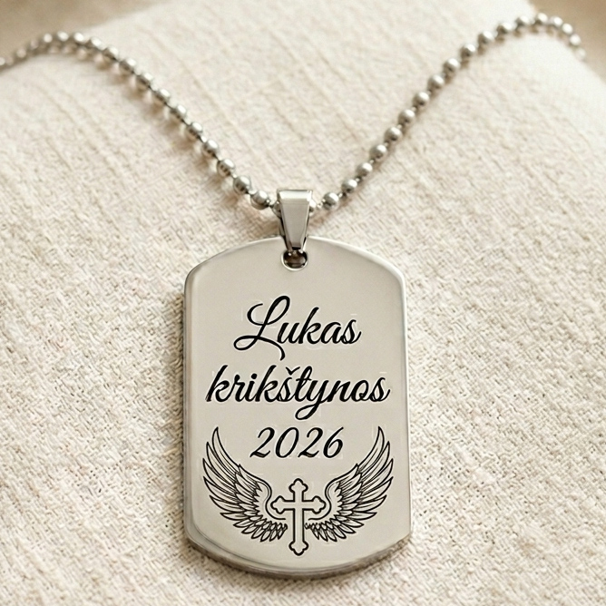 Graviruotas pakabukas krikšto sūnui – su vaiko vardu ir krikšto data, nerūdijantis plienas 316L Graviruotas pakabukas krikšto sūnui – su vaiko vardu ir krikšto data, nerūdijantis plienas 316L