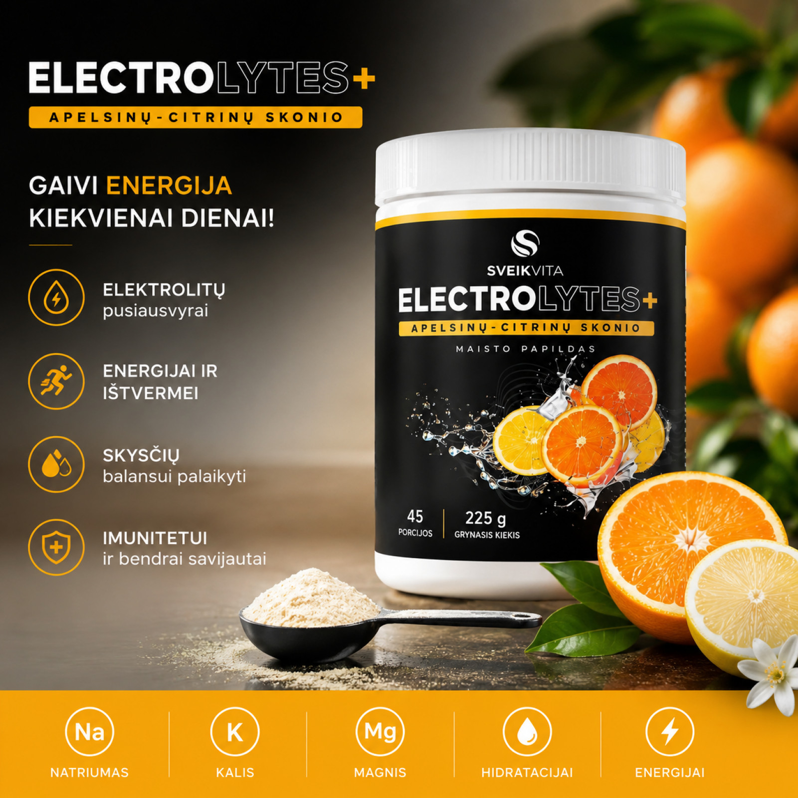 Electrolytes+ elektrolitų milteliai, apelsinų ir citrinų skonio, 225 g Electrolytes+ elektrolitų milteliai, apelsinų ir citrinų skonio, 225 g