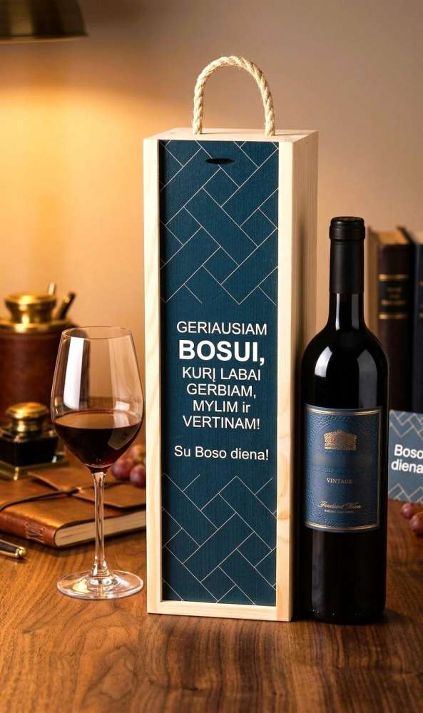 Vyno dėžė su spauda „Geriausiam Bosui“ Vyno dėžė su spauda „Geriausiam Bosui“