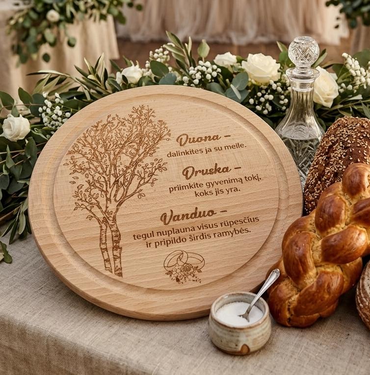 Apvali, graviruota pjaustymo lentelė Vestuvėms „Duona, druska, vanduo“ Apvali, graviruota pjaustymo lentelė Vestuvėms „Duona, druska, vanduo“