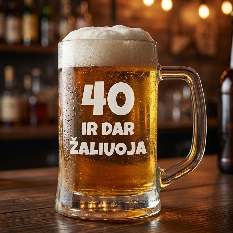 Alaus bokalas su graviravimu „40 ir dar žaliuoja“ – šmaikšti dovana draugui Alaus bokalas su graviravimu „40 ir dar žaliuoja“ – šmaikšti dovana draugui