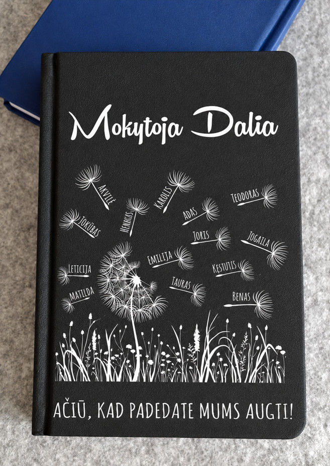 Dovana mokytojai Mokytojų dienos proga – darbo knyga su pienės pūkais ir vaikų vardais Dovana mokytojai Mokytojų dienos proga – darbo knyga su pienės pūkais ir vaikų vardais