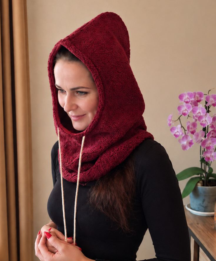 Bordo spalvos gobtuvas–balaklava moterims iš Teddy audinio ir fliso Bordo spalvos gobtuvas–balaklava moterims iš Teddy audinio ir fliso