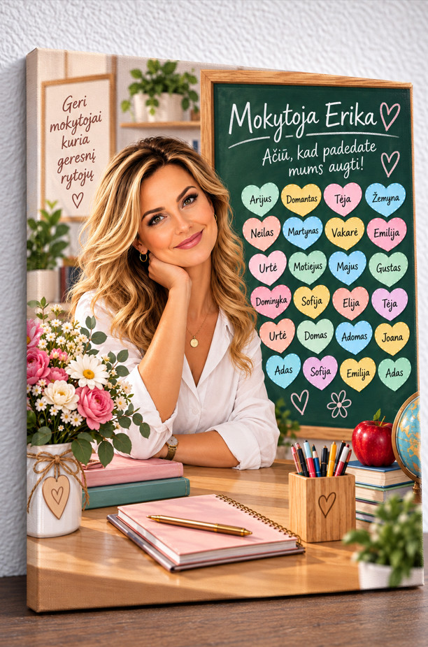 Drobė mokytojai su vaikų vardais – personalizuota dovana nuo klasės Drobė mokytojai su vaikų vardais – personalizuota dovana nuo klasės